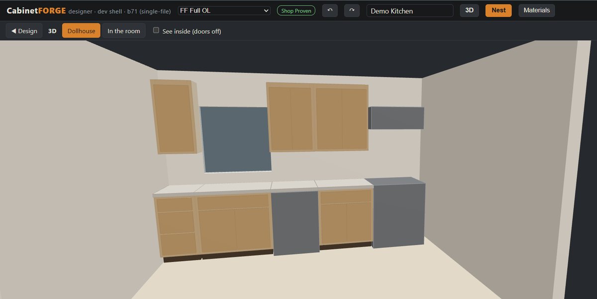CabinetFORGE dollhouse view of a demo kitchen in the browser: base cabinets, wall cabinets, a tall cabinet, and a dishwasher opening
