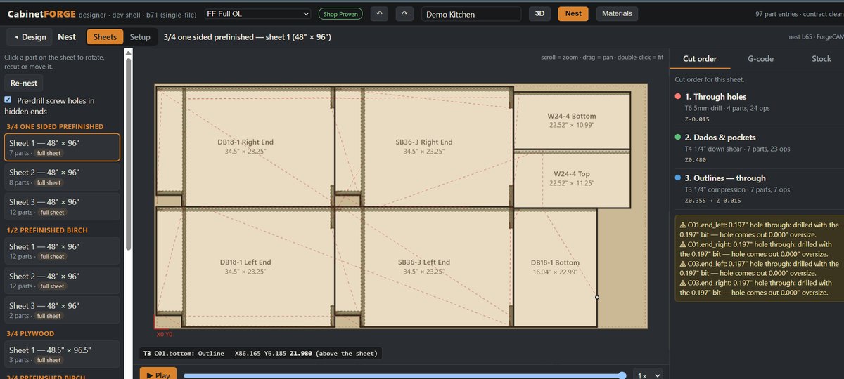 CabinetFORGE nest view: a 4x8 sheet of 3/4 prefinished with cabinet ends and bottoms nested, the cut order on the right (through holes, dados and pockets, outlines) and a toolpath simulation bar