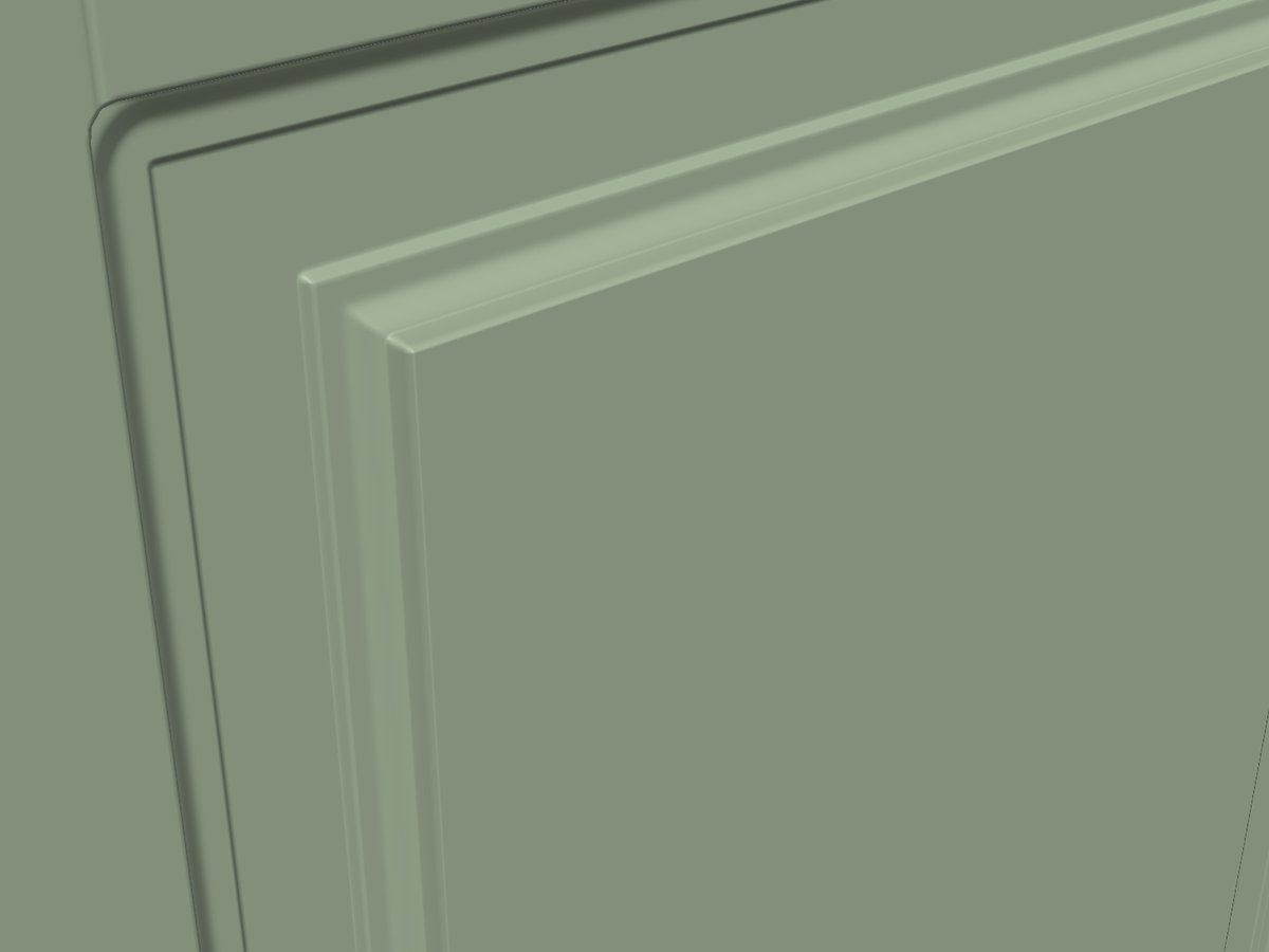 Close-up of the inside corner of a Simple Ogee frame and raised panel on an MDF cabinet door in the DoorFORGE 3D view