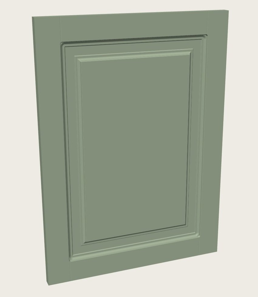 A one-piece MDF cabinet door with a Simple Ogee frame and raised panel, shown in 3D in the DoorFORGE designer in a sage green color