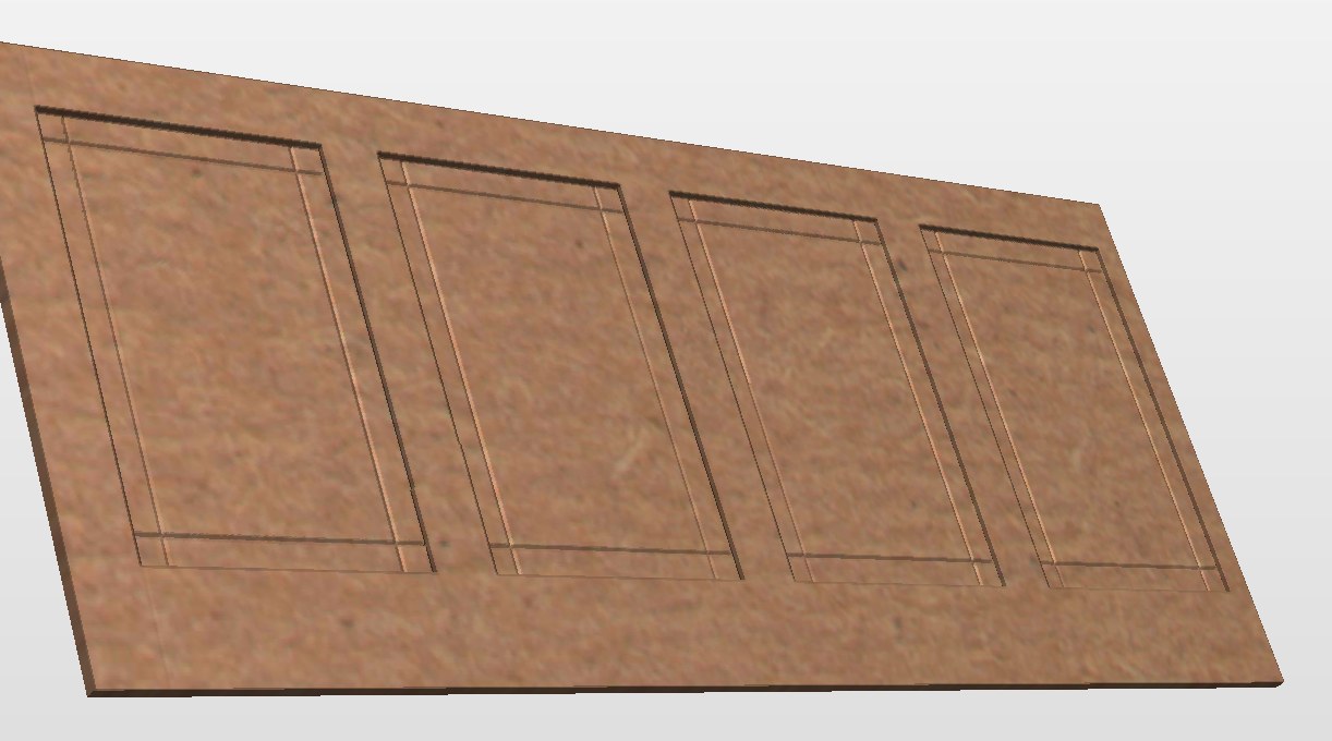 Four-panel wainscot section carved into one sheet of MDF, shown in VCarve Pro 3D view